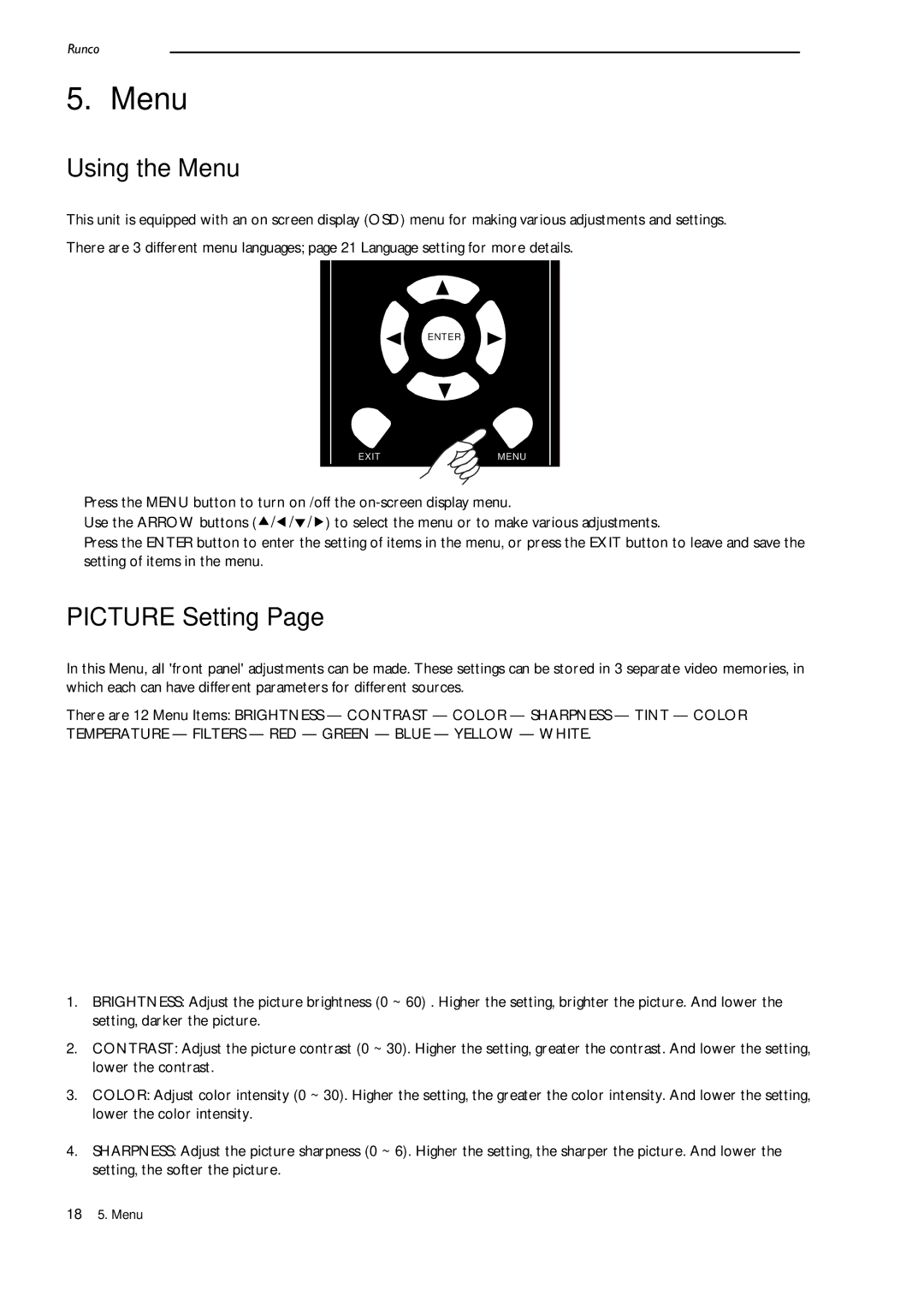 Runco CL-500 manual Using the Menu, Picture Setting 