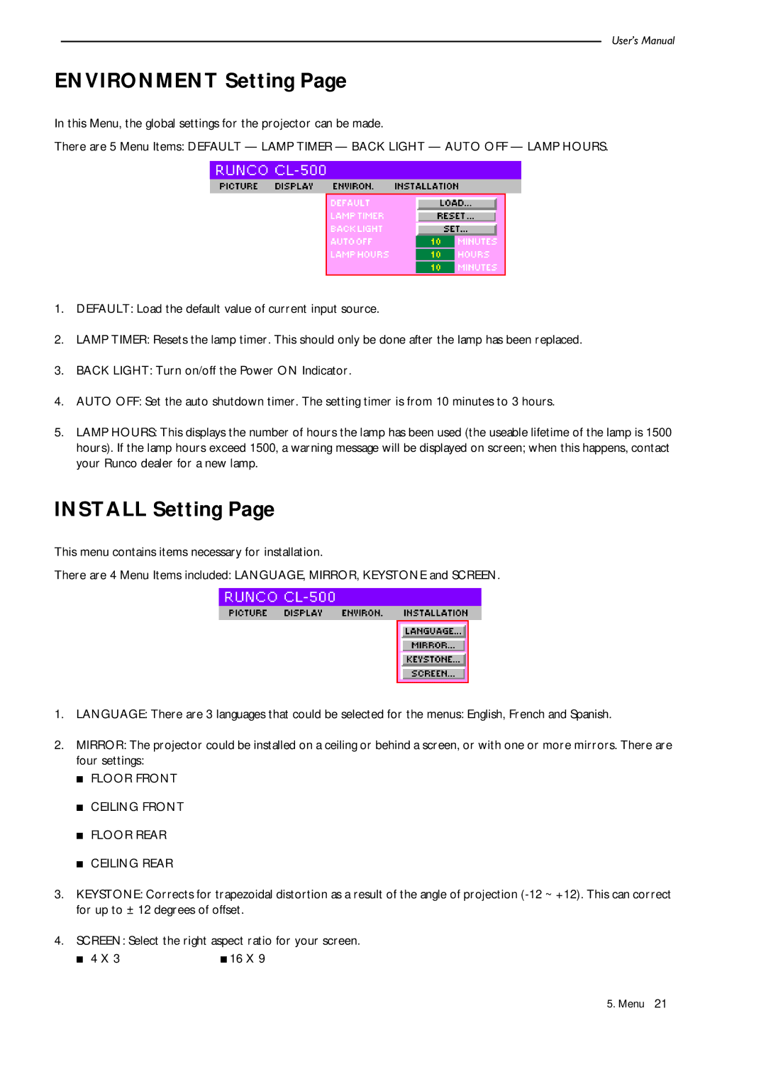 Runco CL-500 manual Environment Setting, Install Setting 