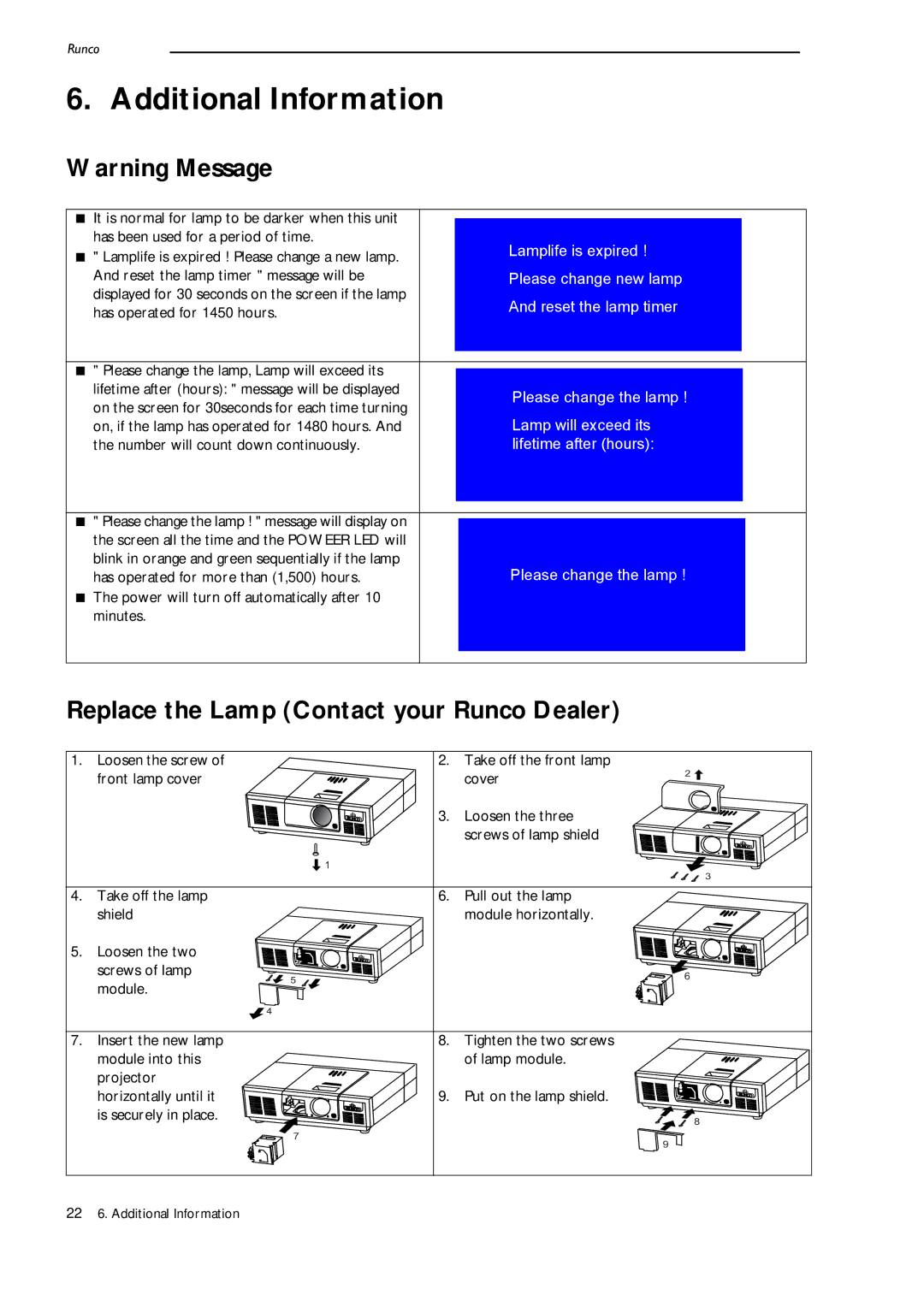 Runco CL-500 manual Additional Information, Replace the Lamp Contact your Runco Dealer 