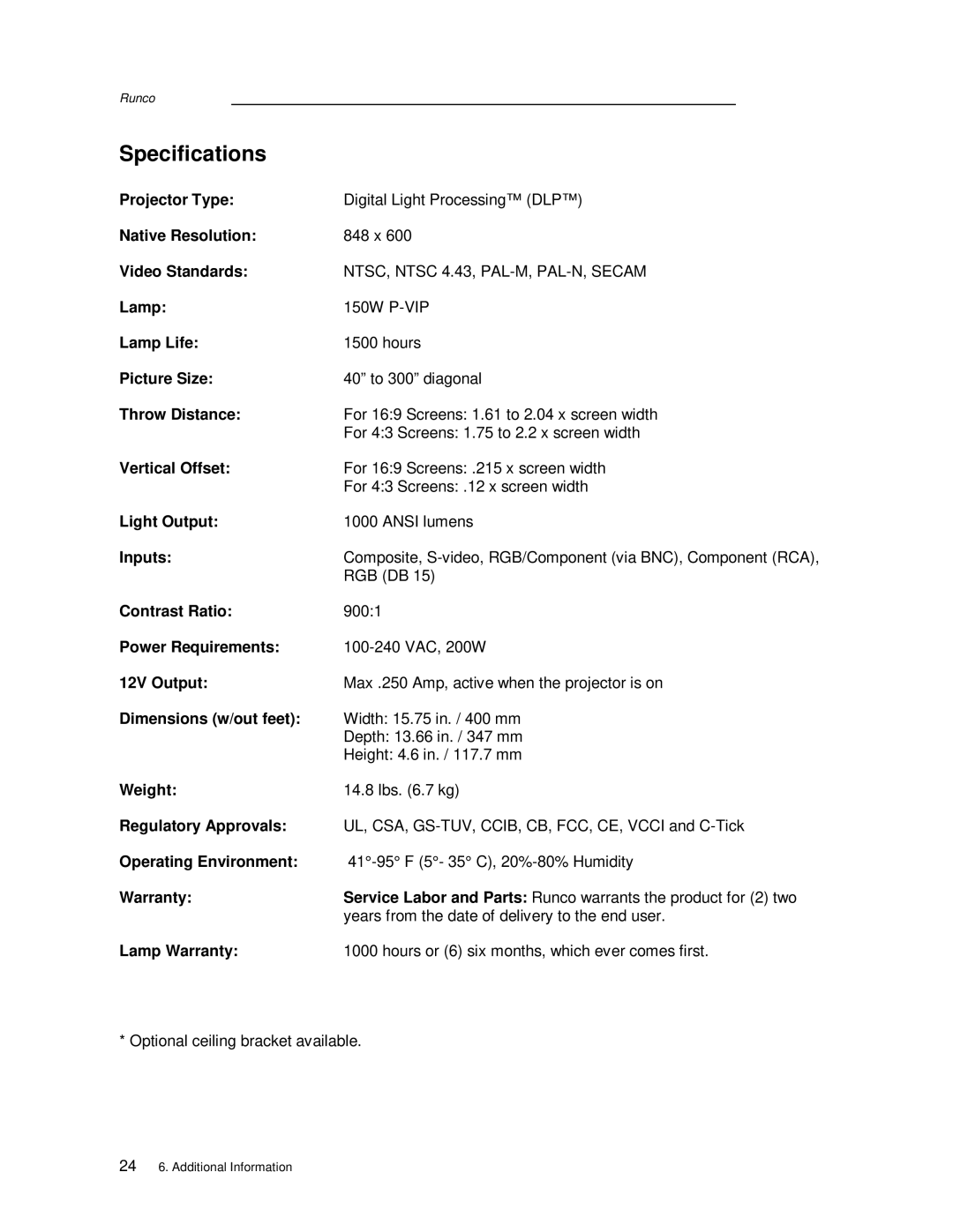 Runco CL-500 manual Specifications 