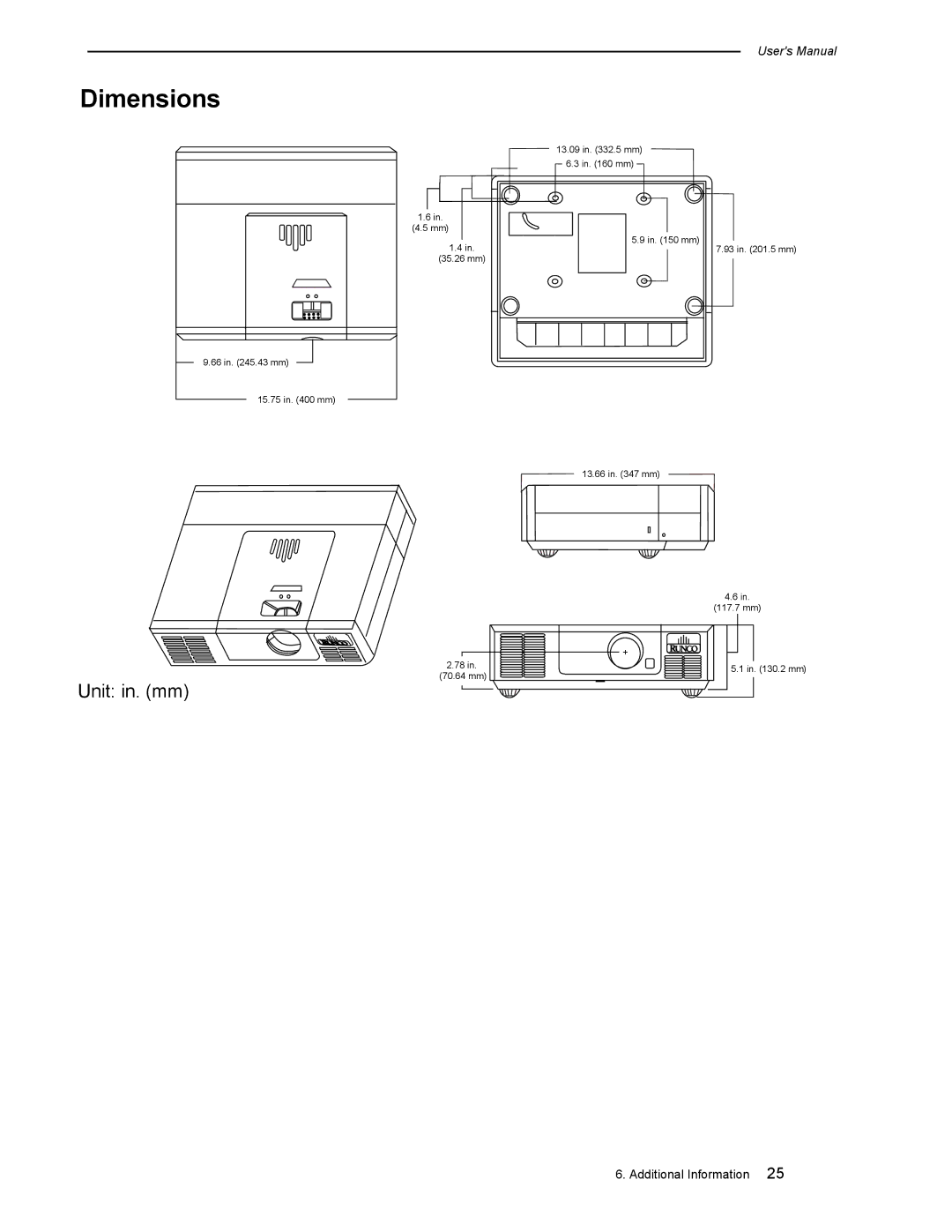 Runco CL-500 manual Dimensions 