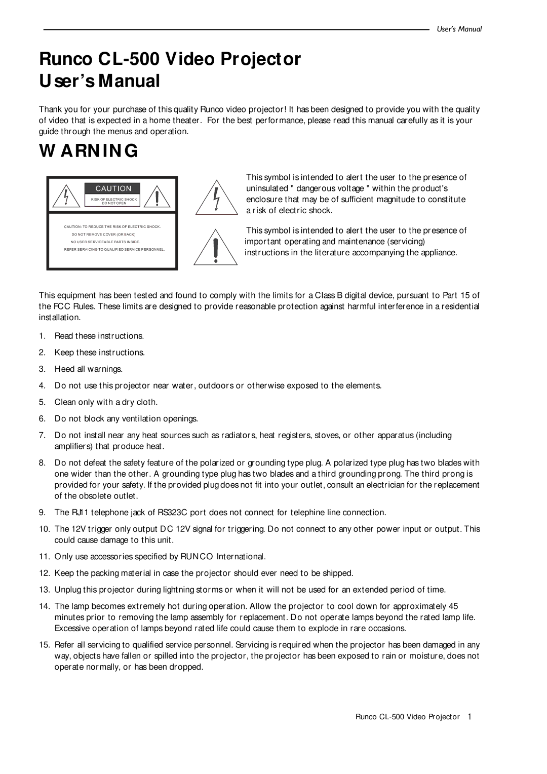 Runco manual Runco CL-500 Video Projector User’s Manual 