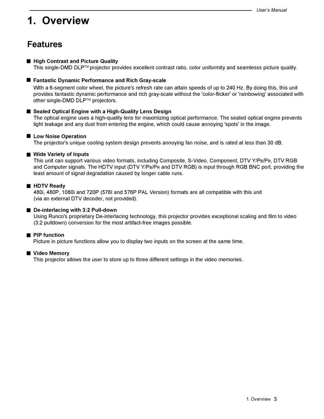 Runco CL-500 manual Overview, Features 