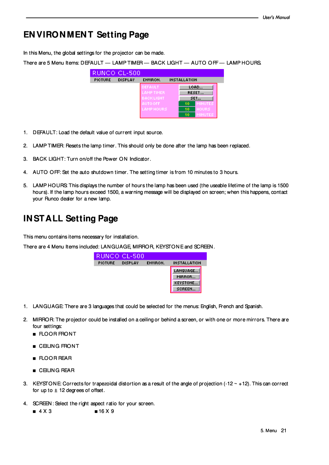 Runco CL-500 manual ENVIRONMENT Setting Page, INSTALL Setting Page 