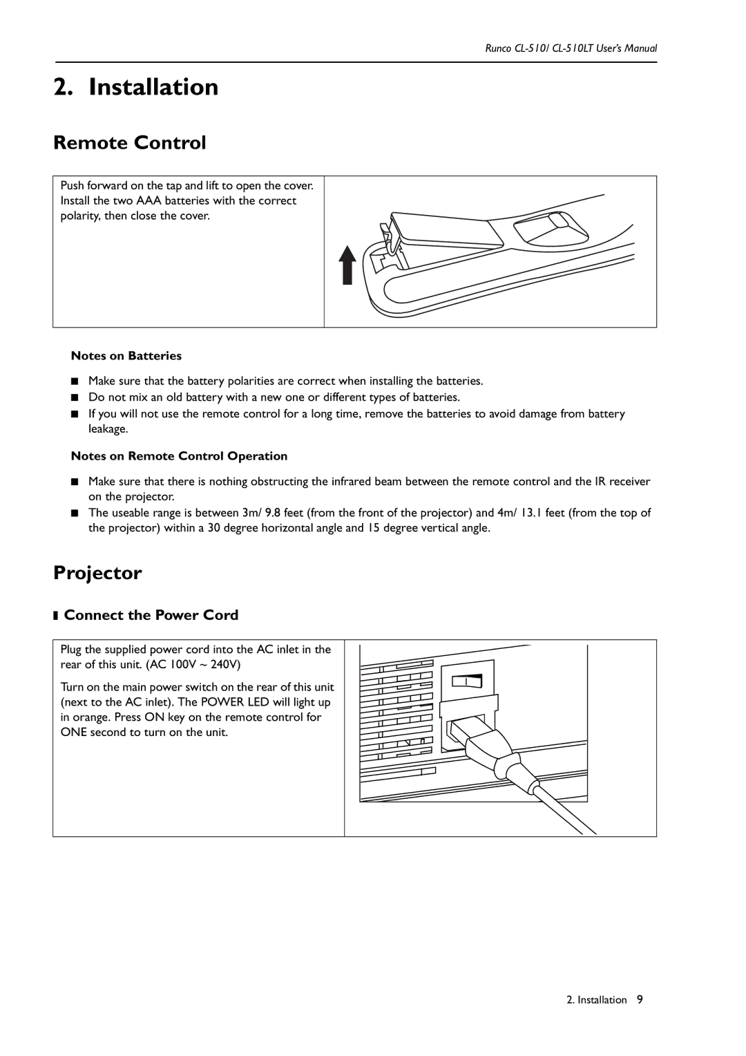 Runco CL-510LT manual Installation, Remote Control, Projector, Connect the Power Cord 