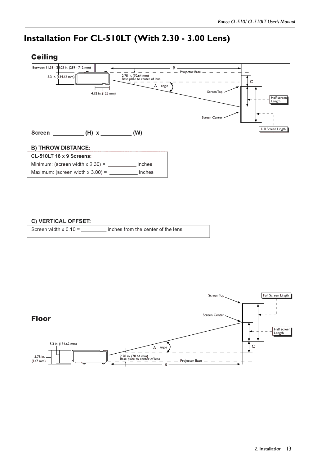 Runco manual Installation For CL-510LT With 2.30 3.00 Lens 