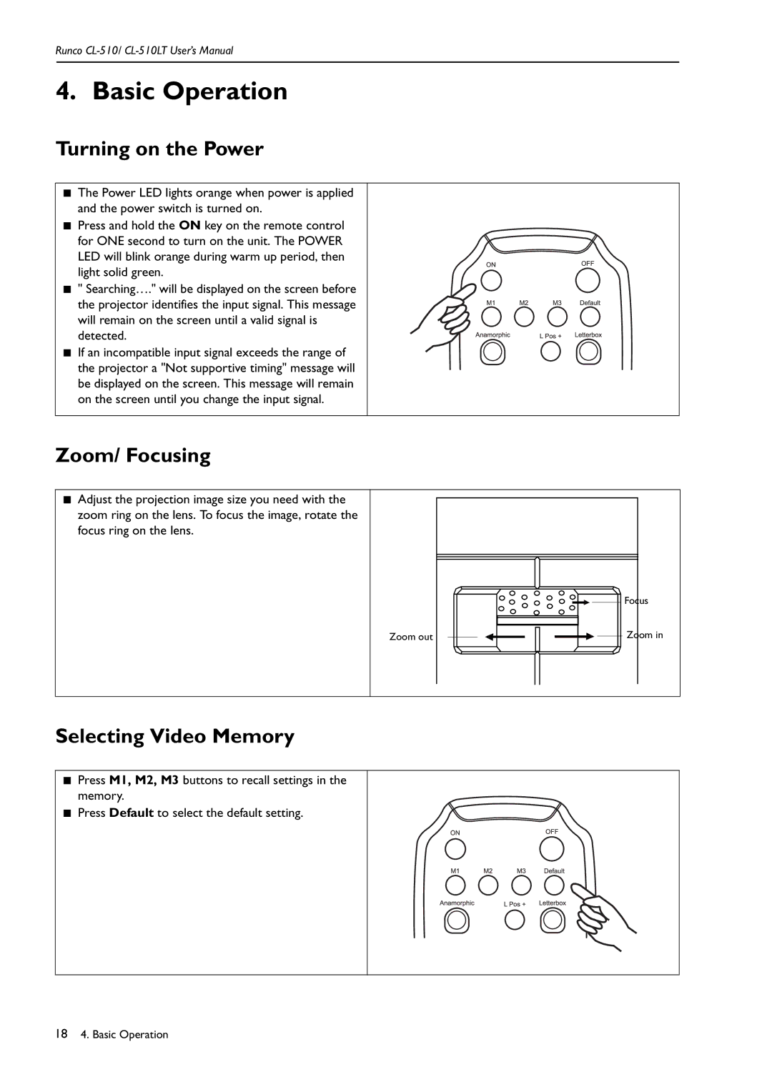 Runco CL-510LT manual Basic Operation, Turning on the Power, Zoom/ Focusing, Selecting Video Memory 