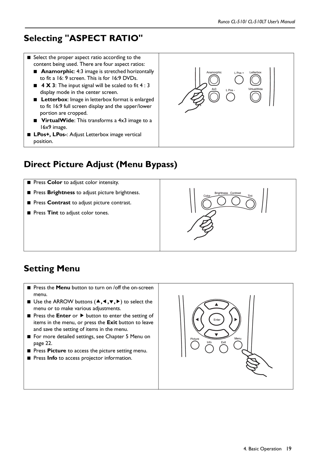 Runco CL-510LT manual Selecting Aspect Ratio, Direct Picture Adjust Menu Bypass, Setting Menu 