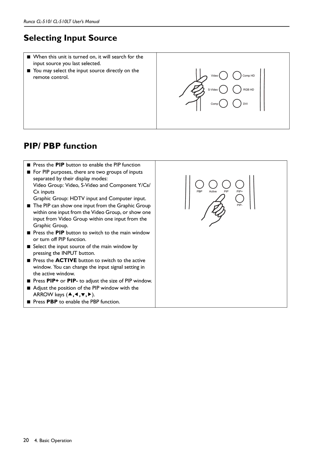 Runco CL-510LT manual Selecting Input Source, PIP/ PBP function 