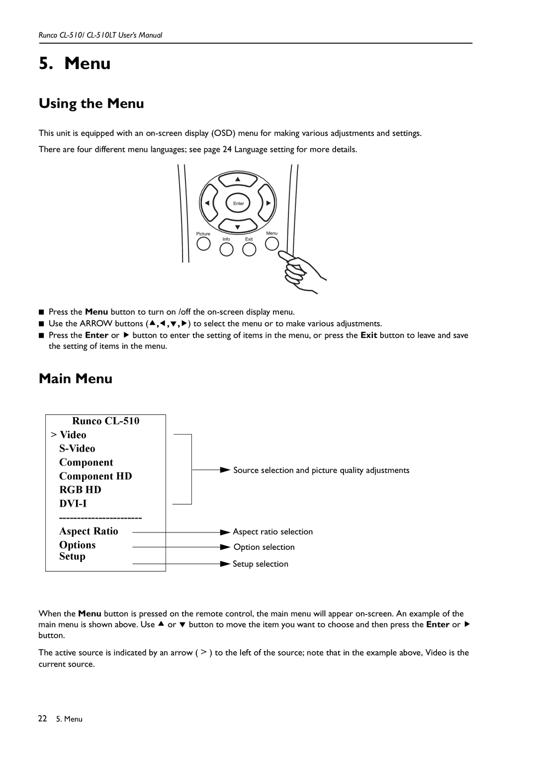 Runco CL-510LT manual Using the Menu, Main Menu 