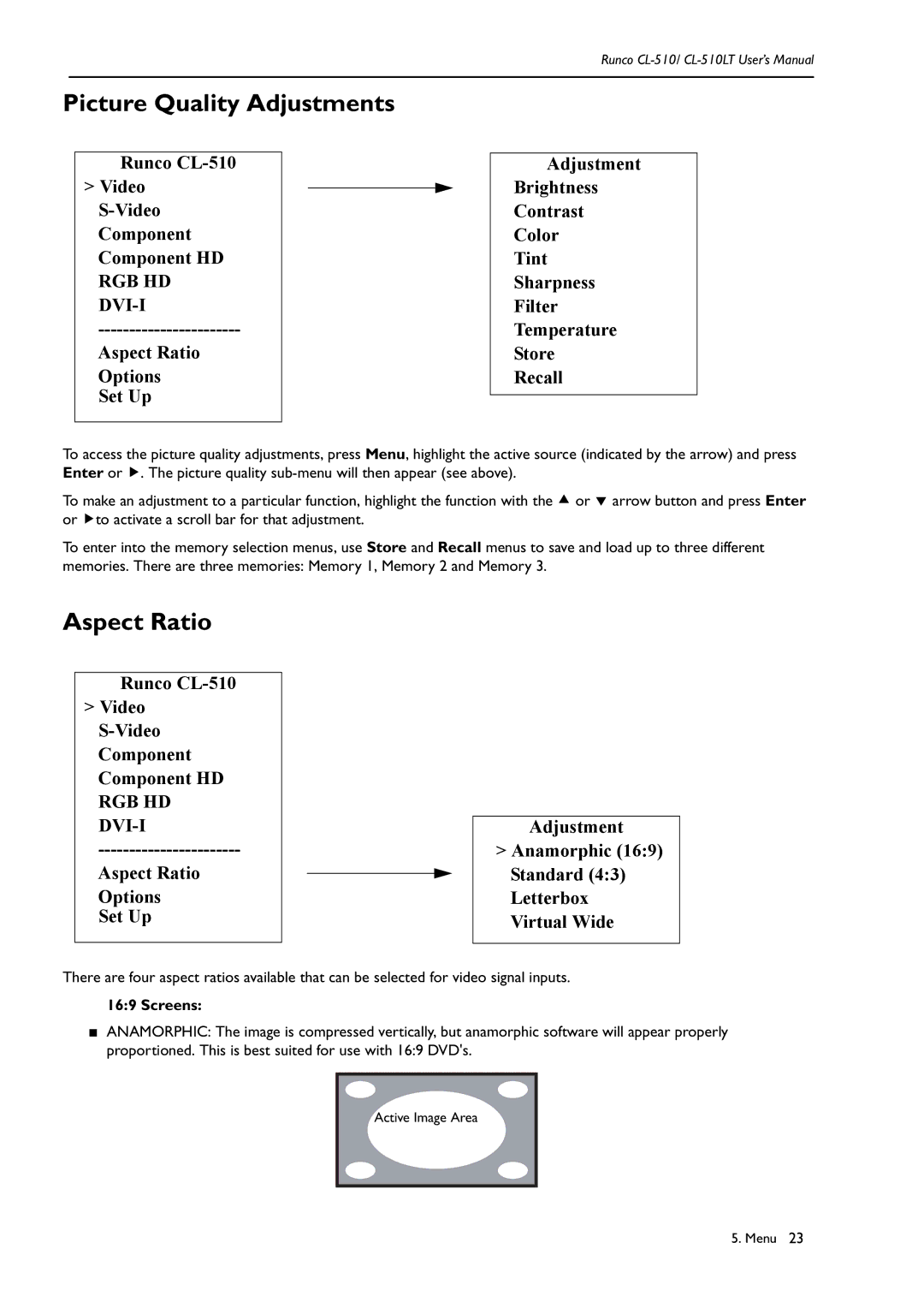Runco CL-510LT manual Picture Quality Adjustments, Aspect Ratio, Screens 