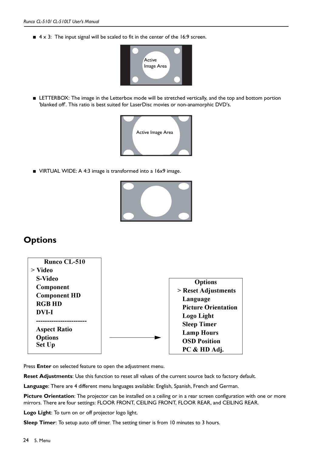 Runco CL-510LT manual Options 