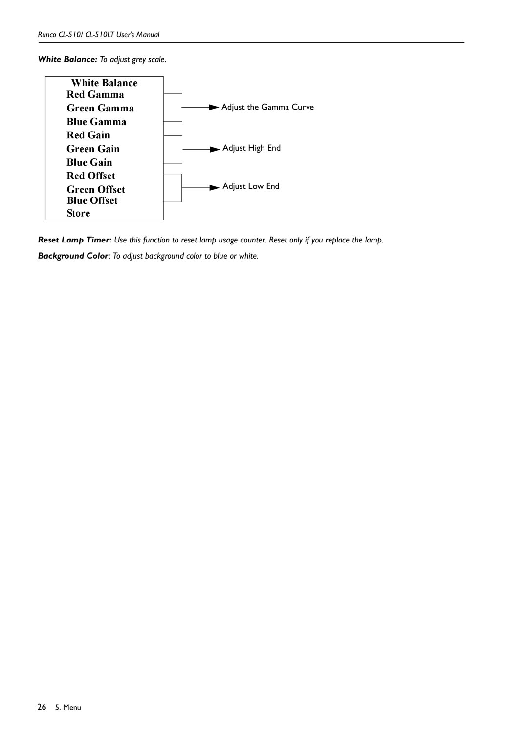 Runco CL-510LT manual White Balance To adjust grey scale 