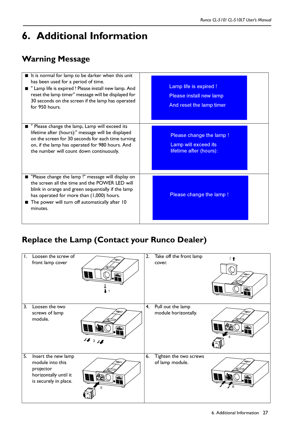 Runco CL-510LT manual Additional Information, Replace the Lamp Contact your Runco Dealer 