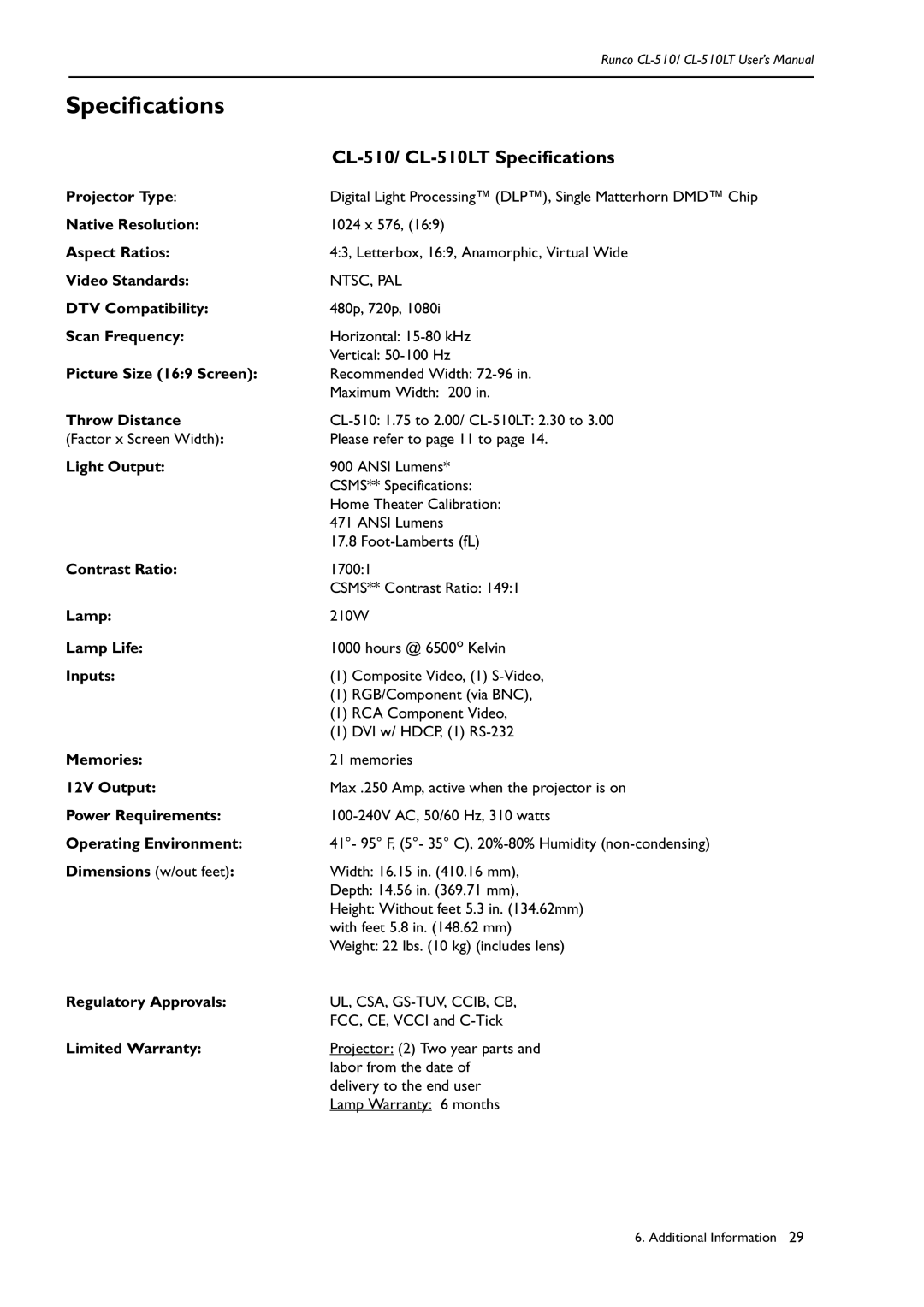 Runco manual CL-510/ CL-510LT Specifications 