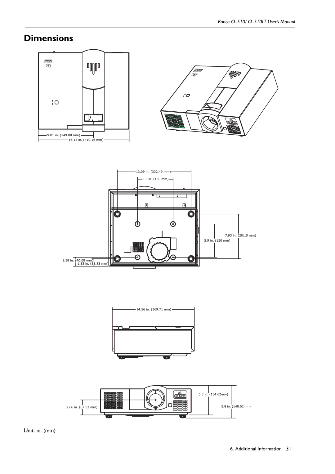 Runco CL-510LT manual Dimensions 