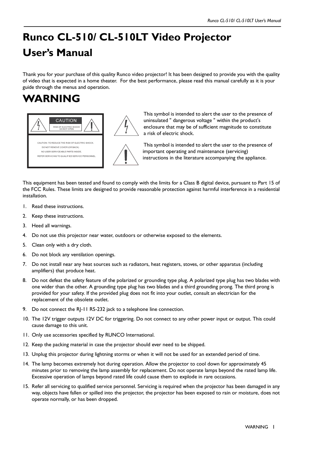 Runco manual Runco CL-510/ CL-510LT Video Projector User’s Manual 