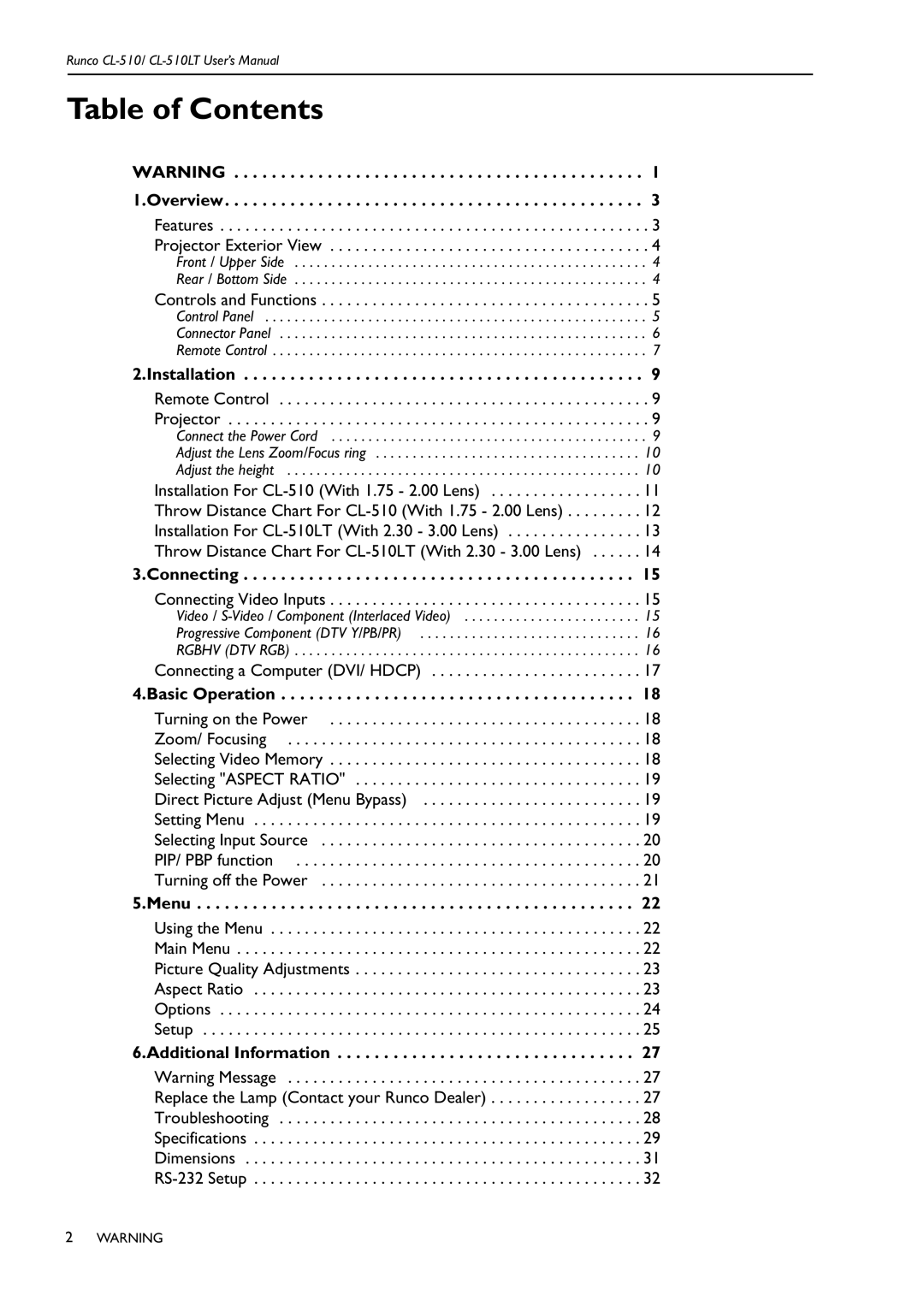 Runco CL-510LT manual Table of Contents 