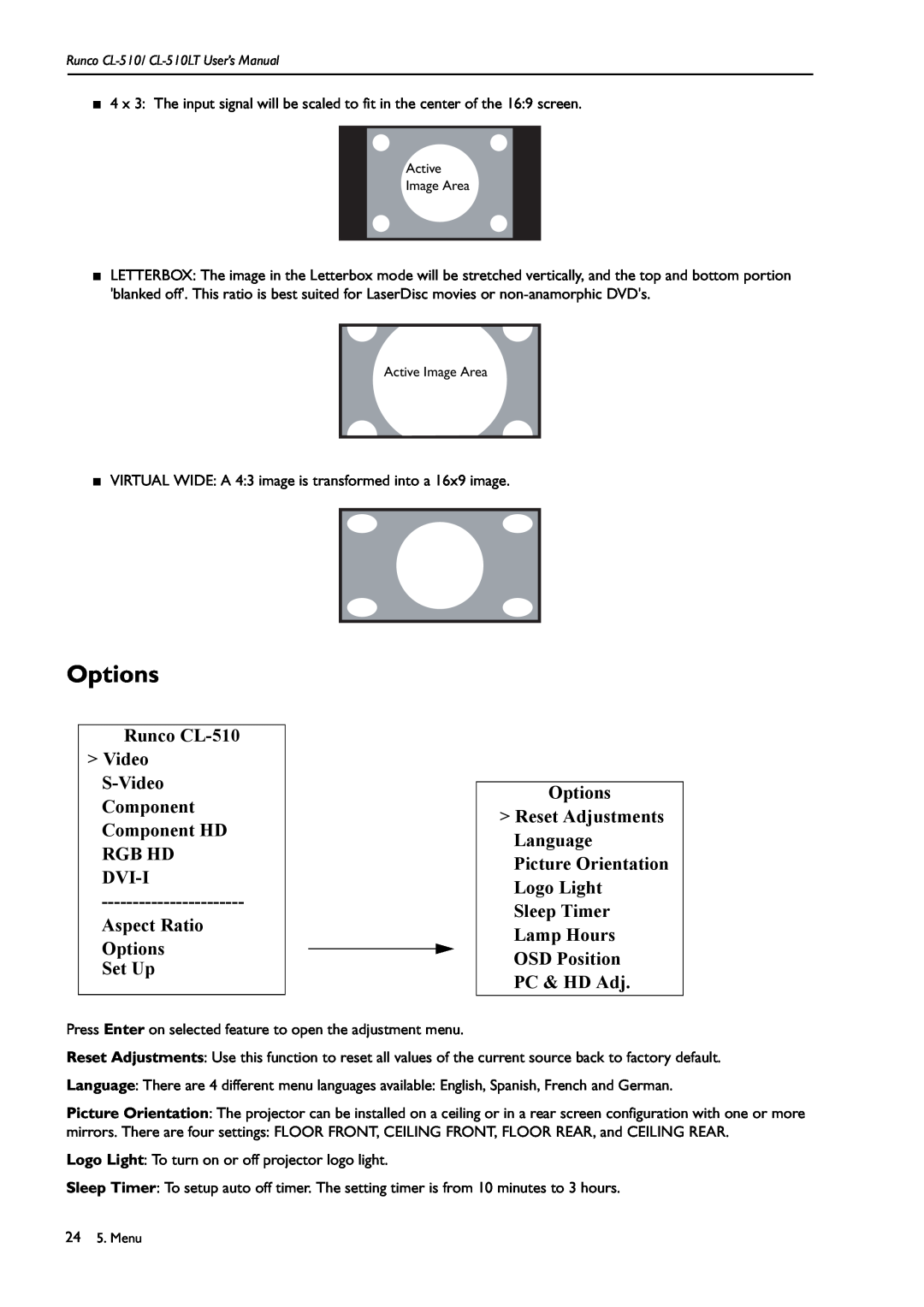 Runco CL-510LT manual Options Reset Adjustments Language Picture Orientation Logo Light, Aspect Ratio Options Set Up 