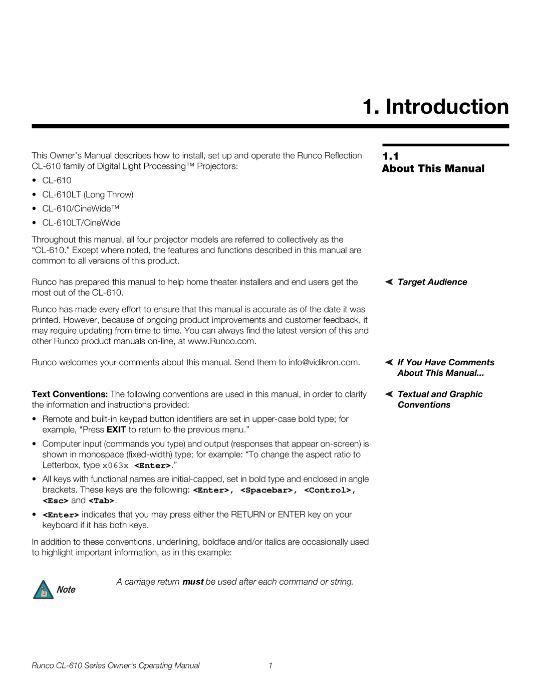 Runco CL-610 Introduction, About This Manual, Target Audience, Carriage return must be used after each command or string 