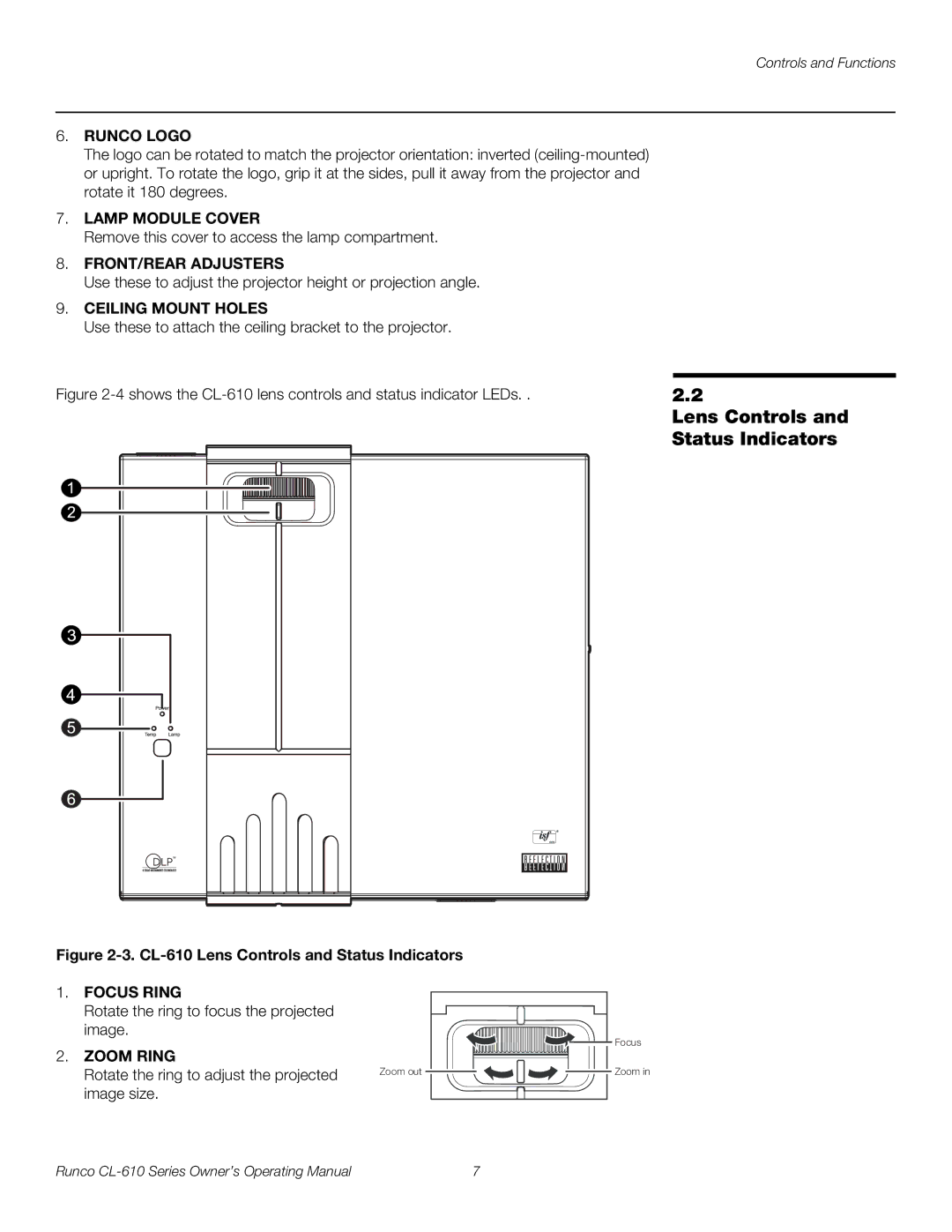 Runco CL-610 manual Lens Controls, Status Indicators 