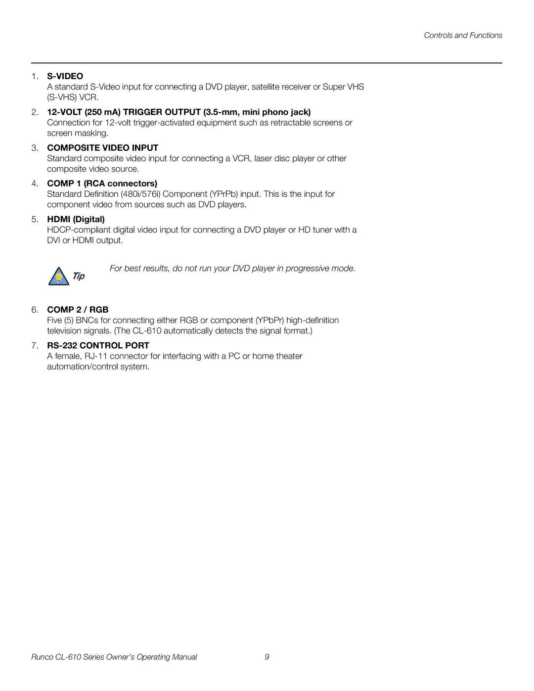 Runco CL-610 manual Composite Video Input, RS-232 Control Port 