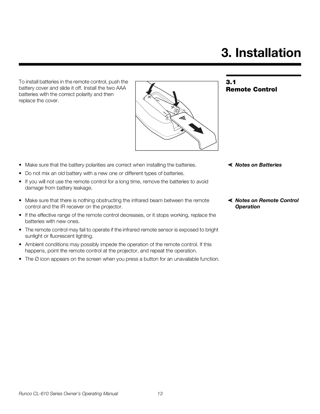 Runco CL-610 manual Installation, Remote Control 