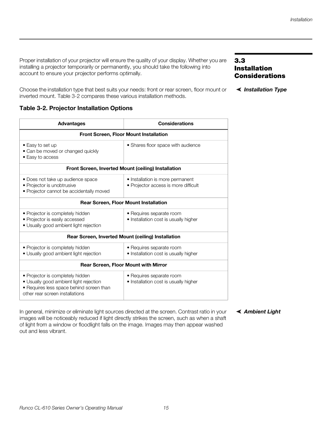 Runco CL-610 manual Installation Considerations, Installation Type, Ambient Light 