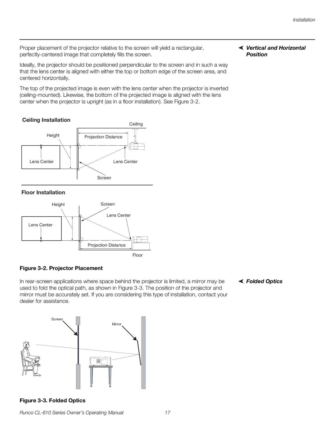 Runco CL-610 manual Vertical and Horizontal, Position, Folded Optics 