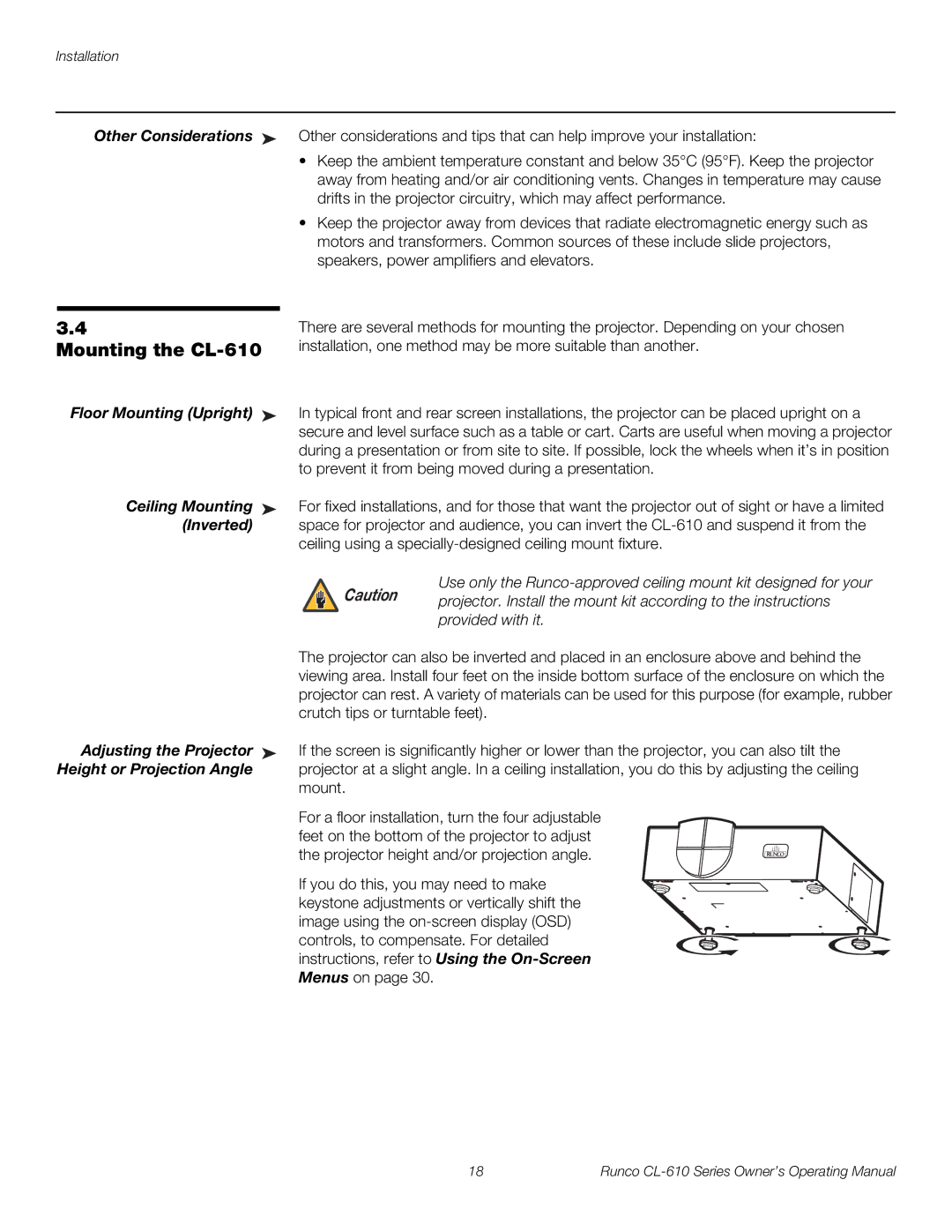 Runco manual Mounting the CL-610 