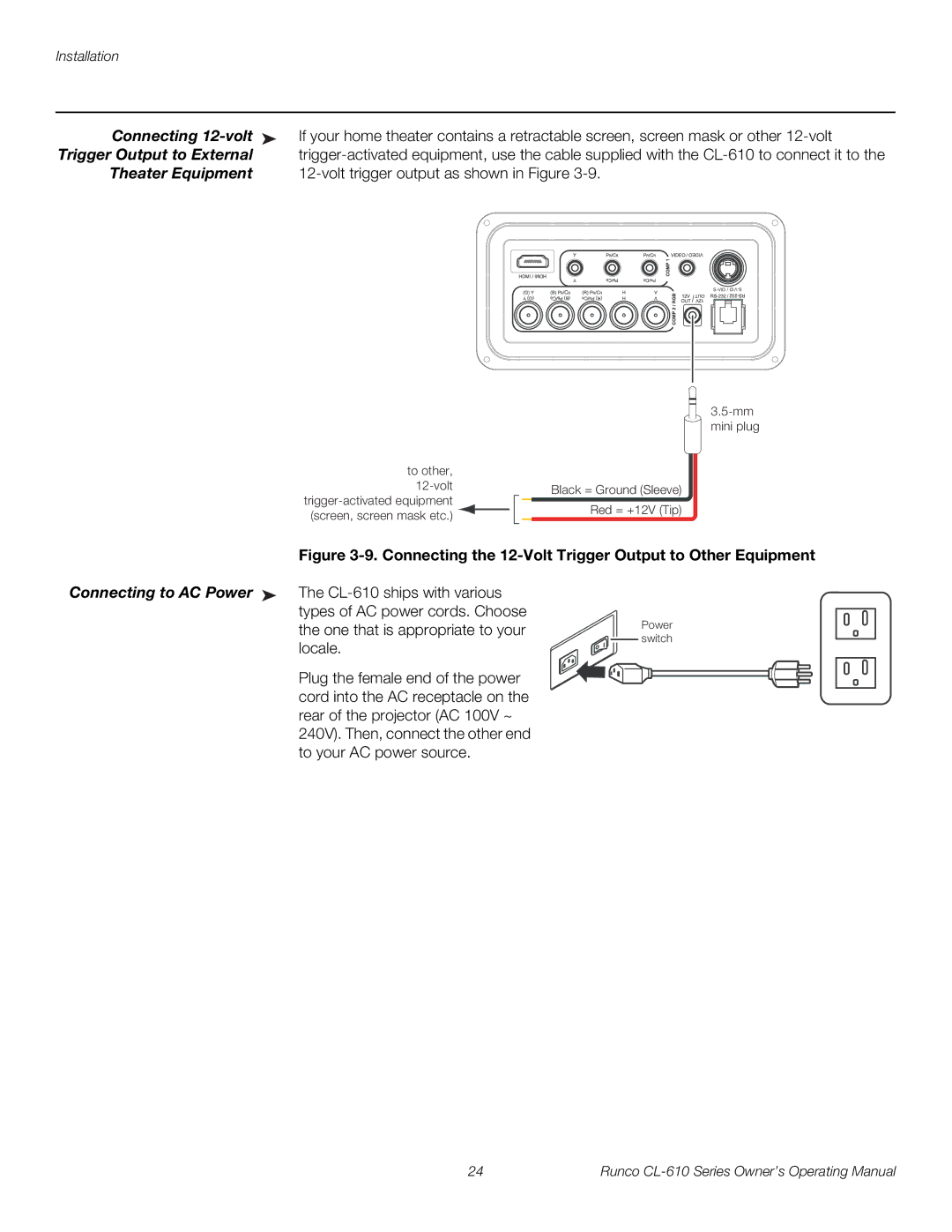 Runco CL-610 manual Connecting 12-volt, Trigger Output to External, Theater Equipment 