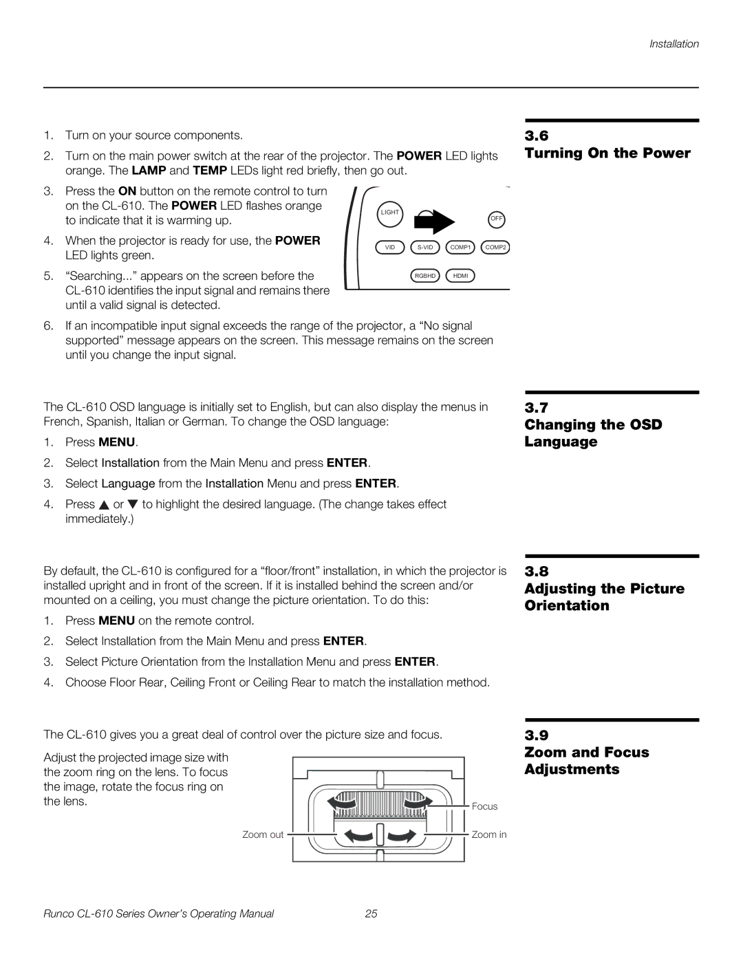 Runco CL-610 manual Zoom and Focus Adjustments 