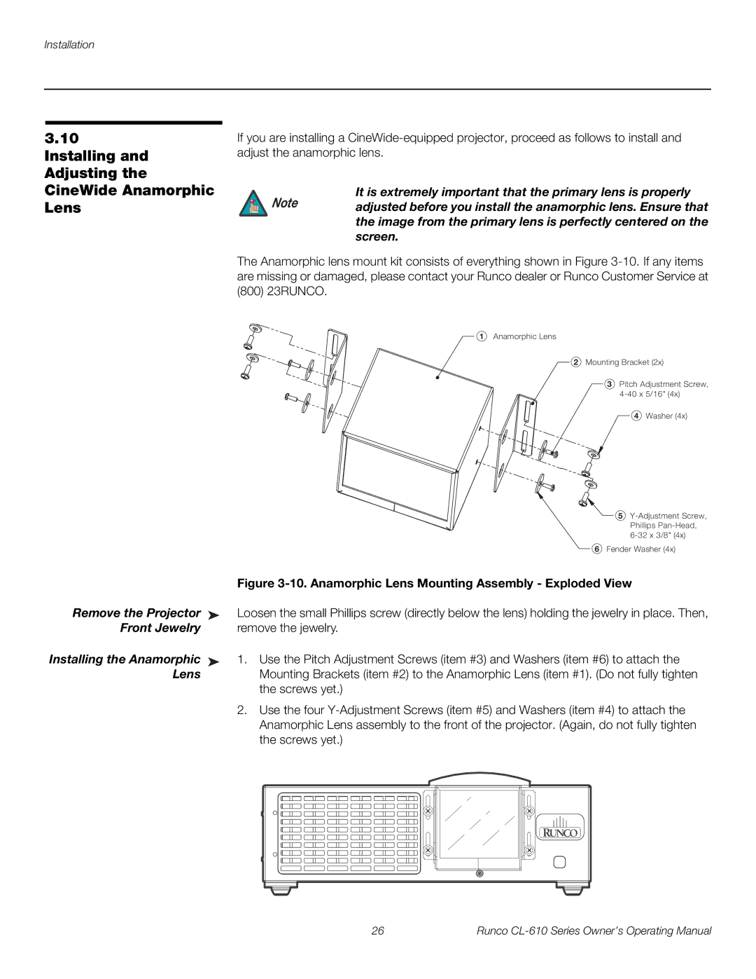 Runco CL-610 manual Installing and Adjusting the CineWide Anamorphic Lens 