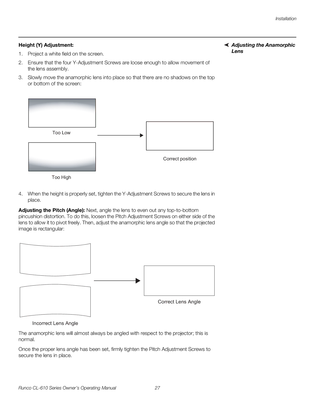Runco CL-610 manual Height Y Adjustment, Adjusting the Anamorphic Lens 
