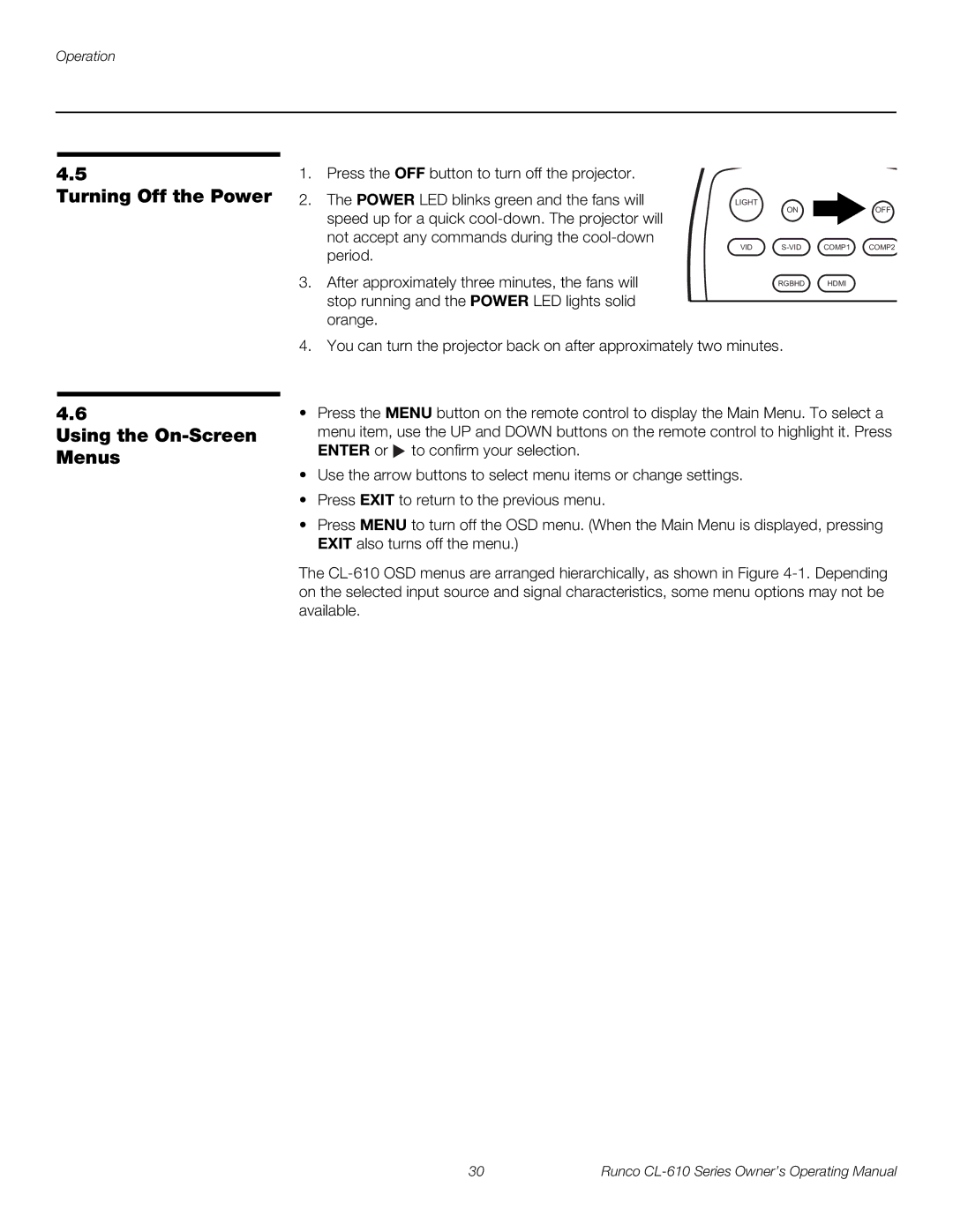 Runco CL-610 manual Turning Off the Power Using the On-Screen Menus 