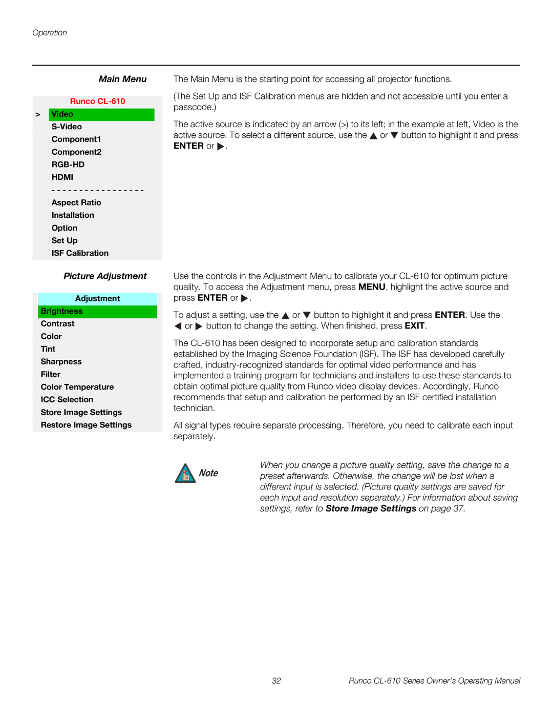 Runco CL-610 manual Main Menu, Enter or, Picture Adjustment 