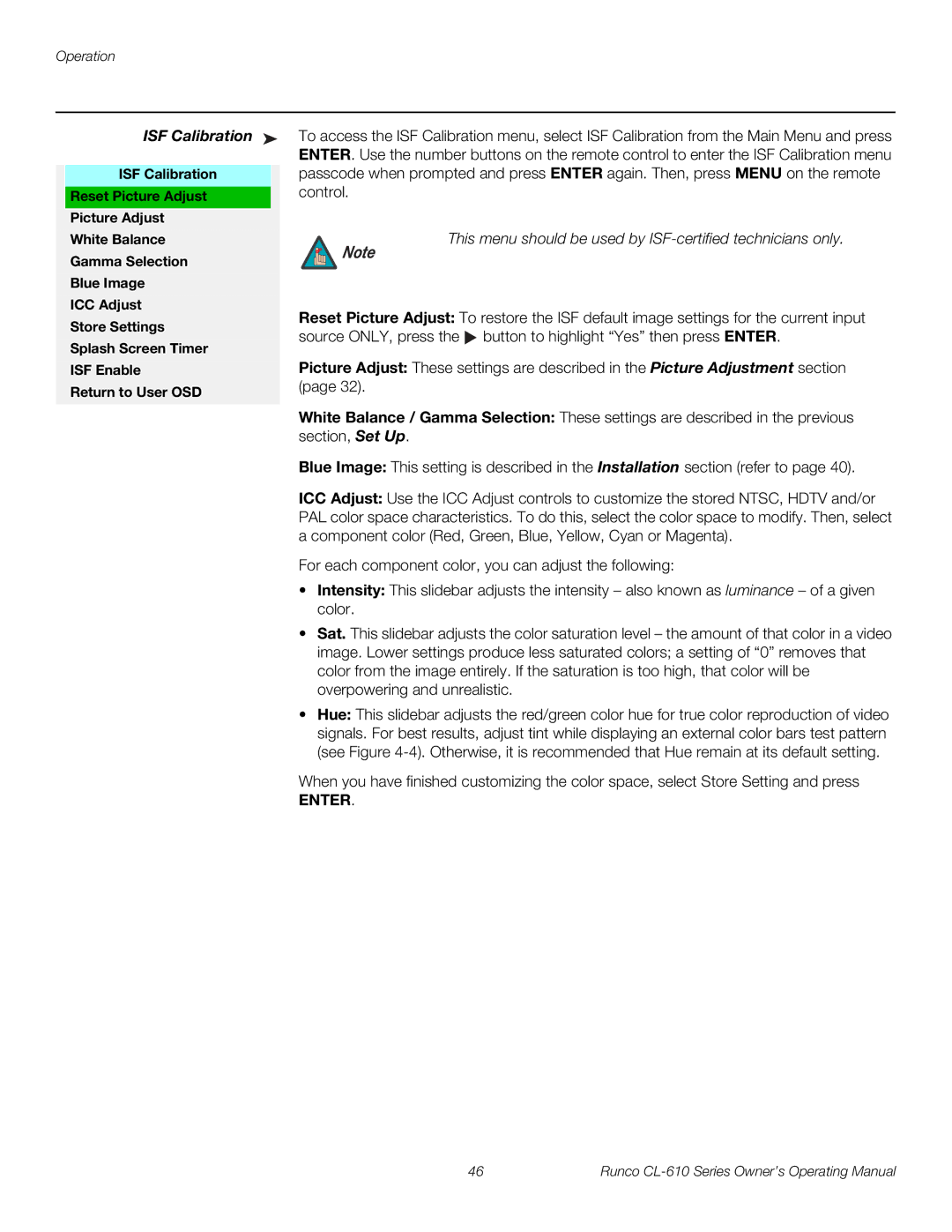 Runco CL-610 manual ISF Calibration, This menu should be used by ISF-certified technicians only, Reset Picture Adjust 