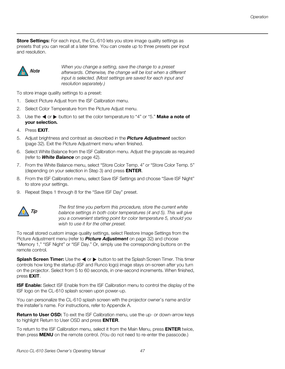 Runco CL-610 manual When you change a setting, save the change to a preset 