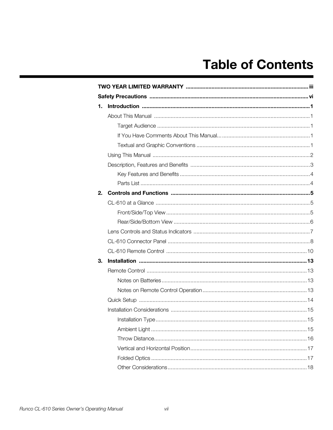 Runco CL-610 manual Table of Contents 