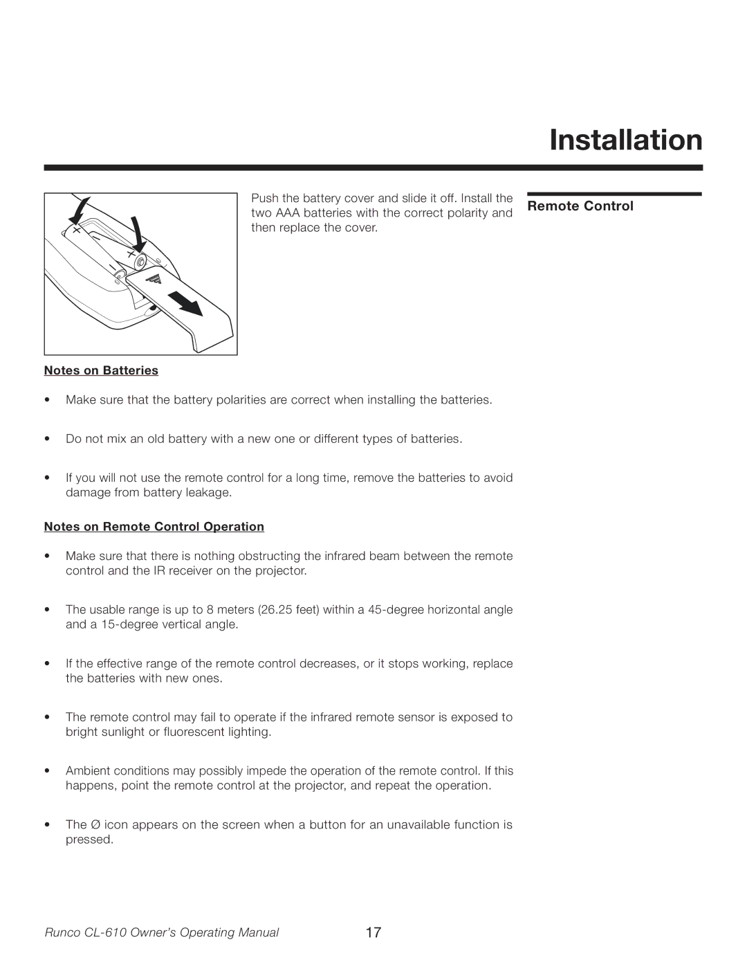 Runco CL-610LT manual Installation 