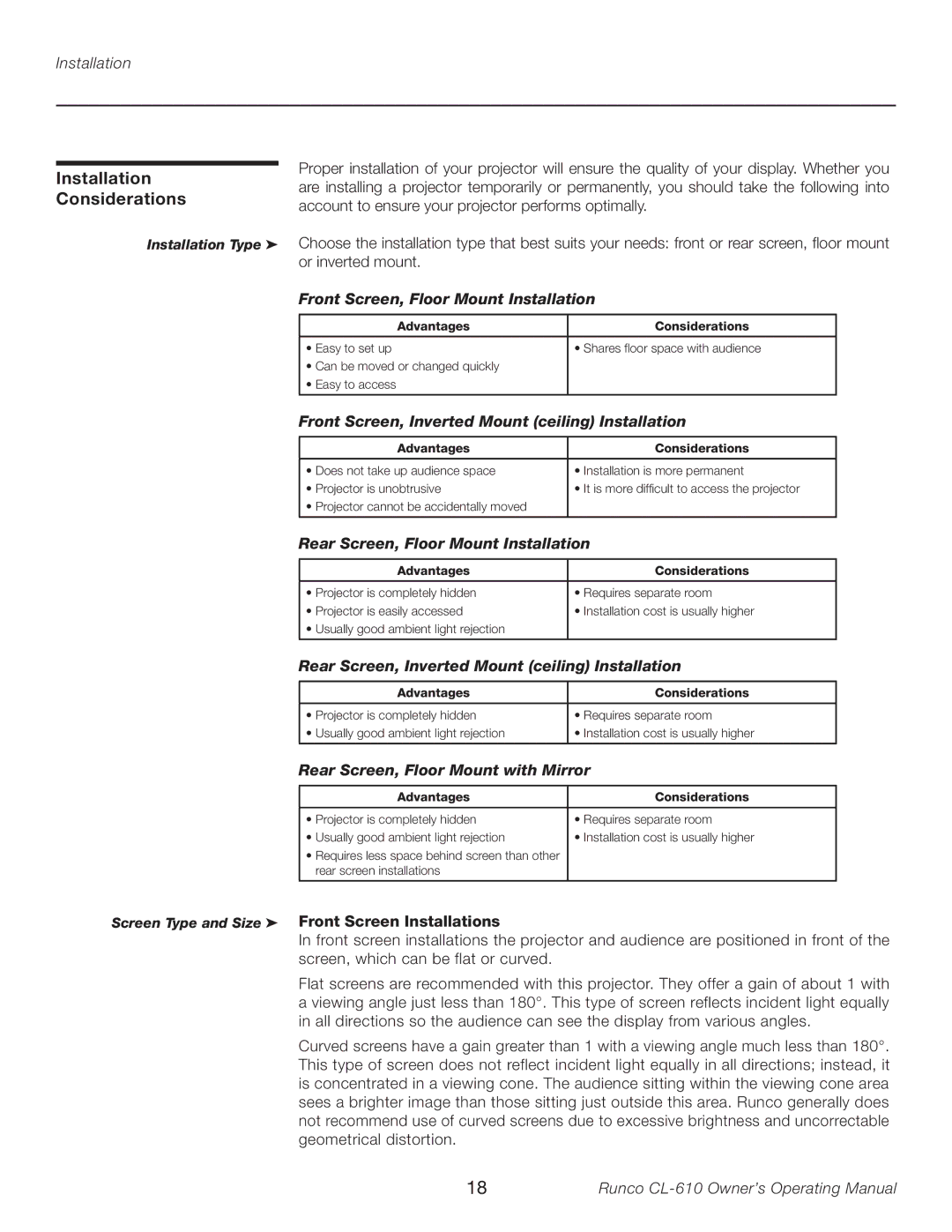 Runco CL-610LT manual Installation Considerations, Screen Type and Size Front Screen Installations 