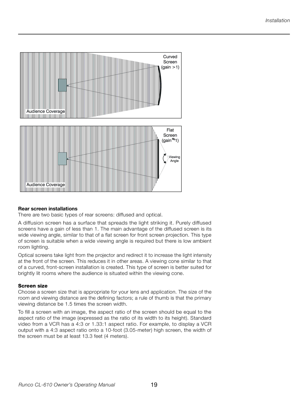 Runco CL-610LT manual Rear screen installations, Screen size 