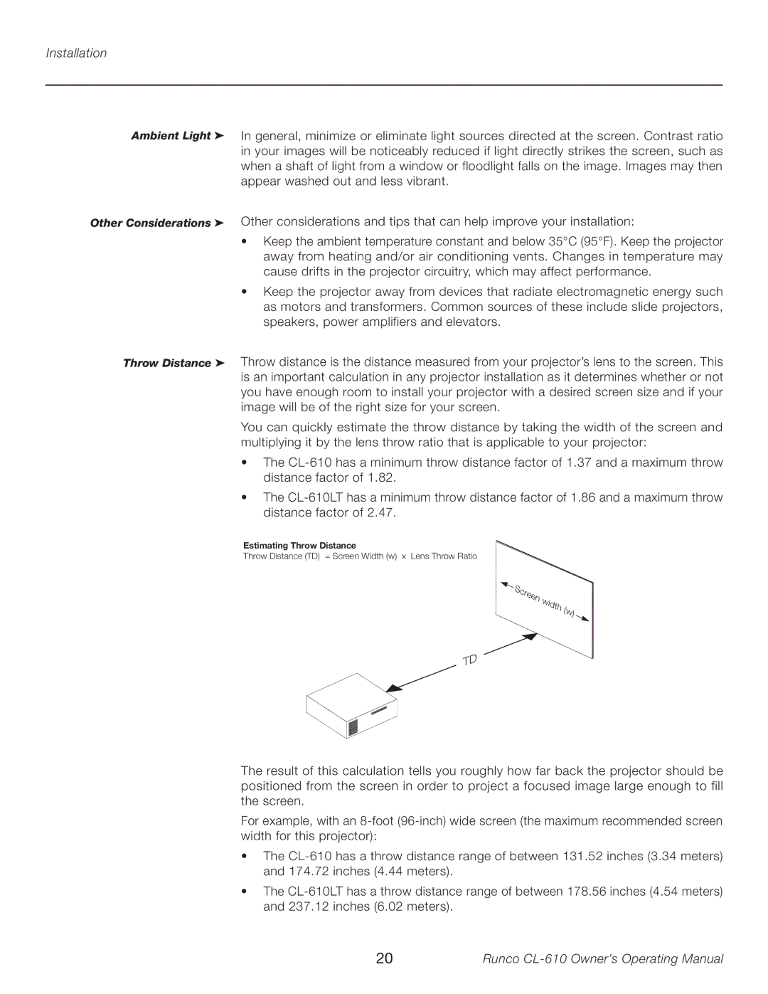 Runco CL-610LT manual Other Considerations Throw Distance 