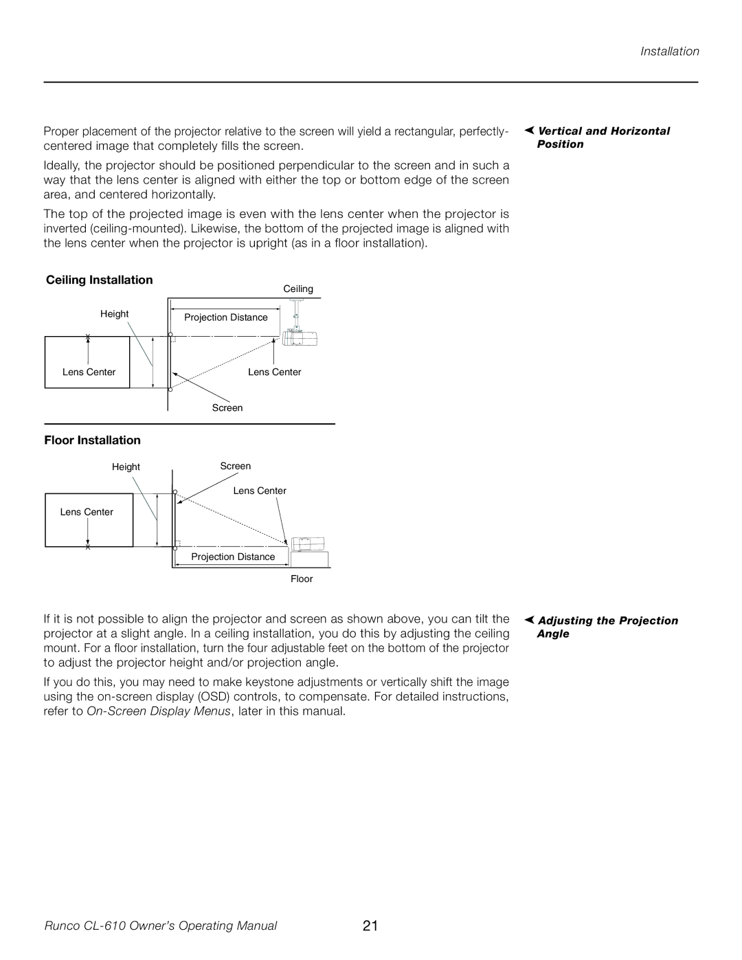 Runco CL-610LT manual Ceiling Installation, Floor Installation 