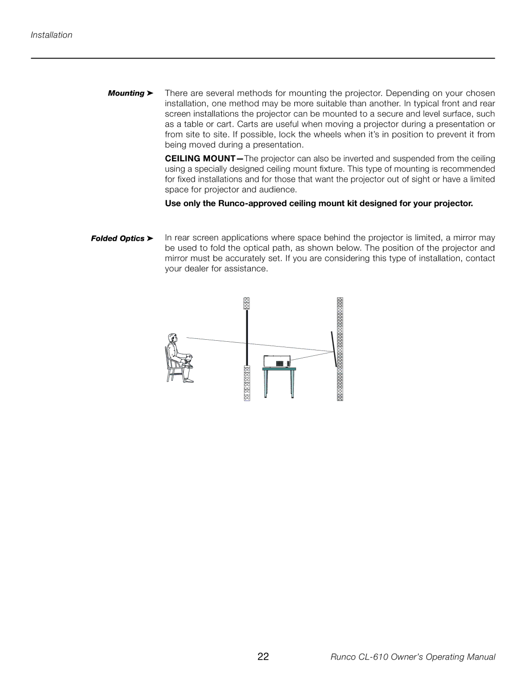 Runco CL-610LT manual Mounting Folded Optics 