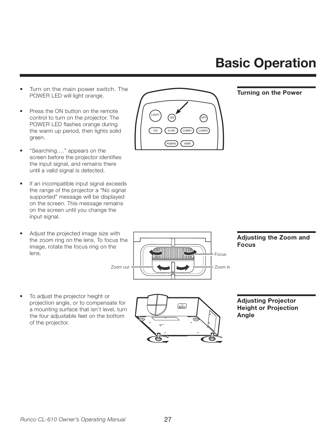 Runco CL-610LT manual Basic Operation, Turning on the Power, Adjusting the Zoom and Focus 