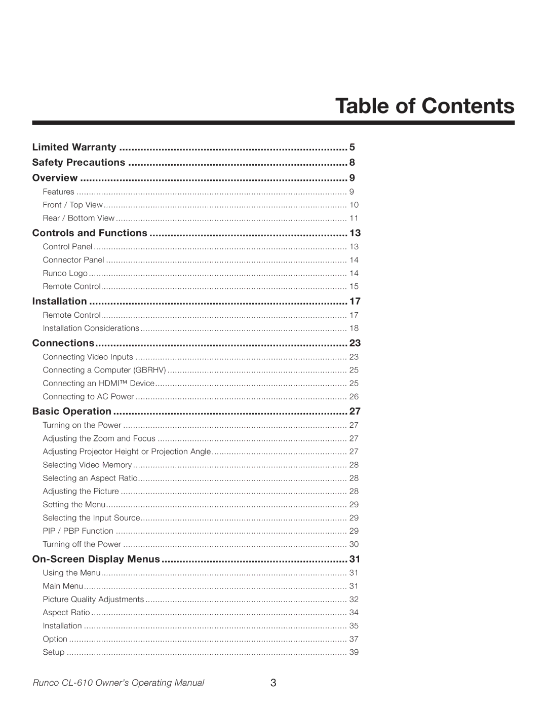 Runco CL-610LT manual Table of Contents 