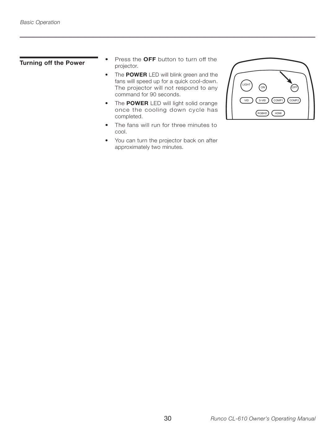 Runco CL-610LT manual Turning off the Power 