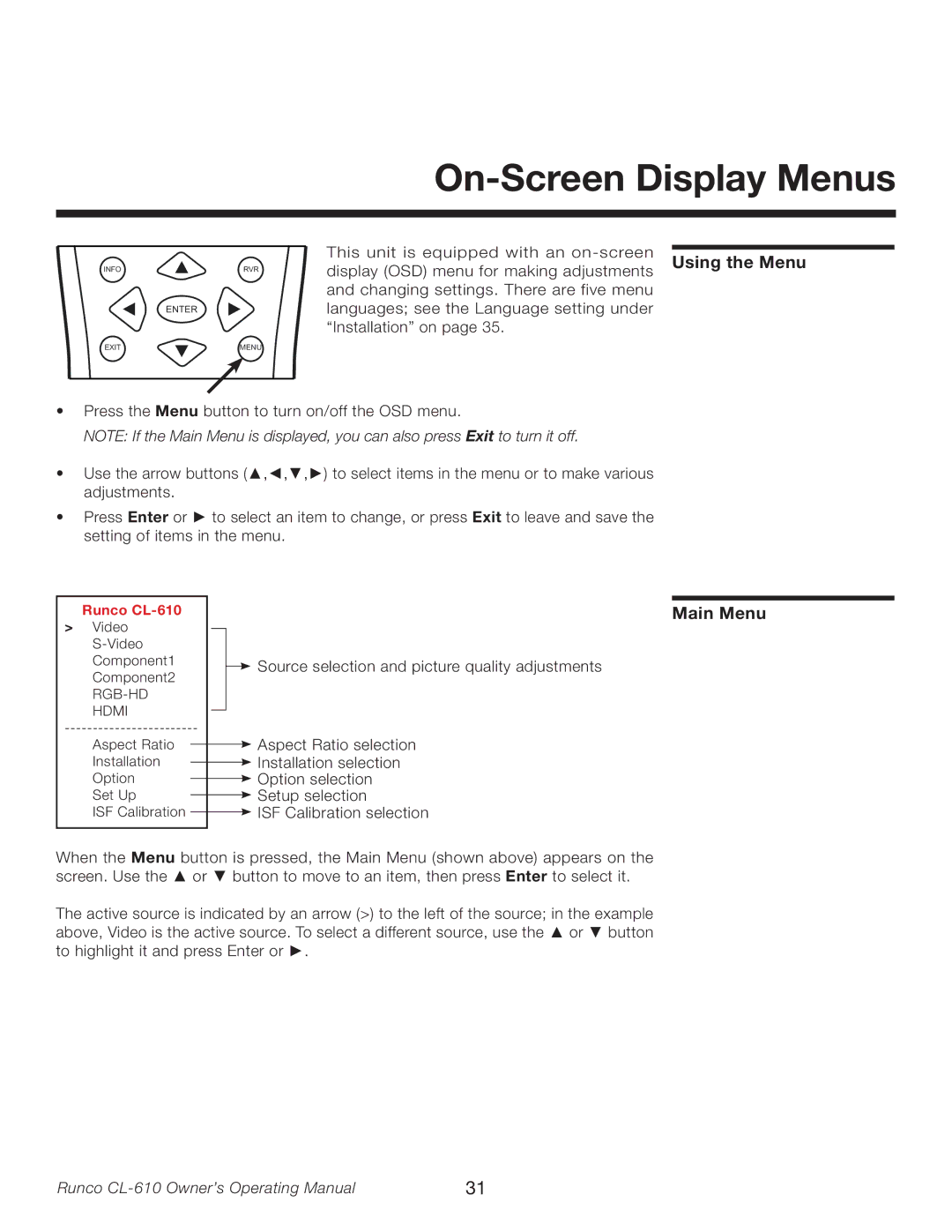 Runco CL-610LT manual On-Screen Display Menus, Using the Menu, Main Menu 