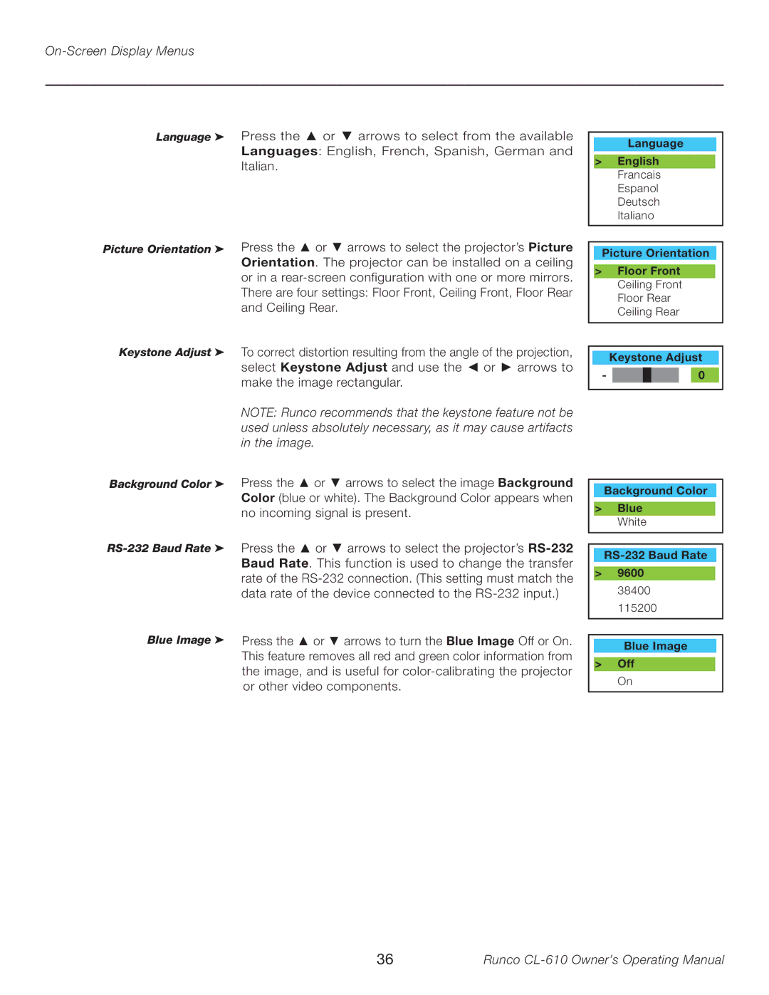 Runco CL-610LT manual Language Picture Orientation 